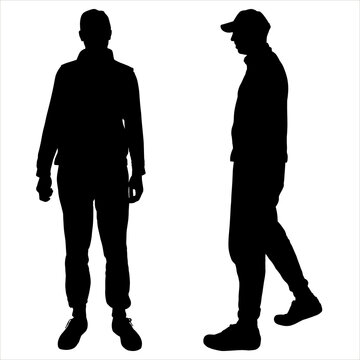 Black silhouette of a man isolated on white background. A guy, a young man stands straight, without movement, in a frontal position. A man in motion, in profile position. A man in a cap and sportswear