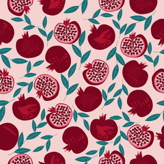 Vector seamless pattern with pomegranate fruits and seeds on pink background. Design for cosmetics, spa, pomegranate juice, health care products, perfume. Best for textile or wrapping paper
