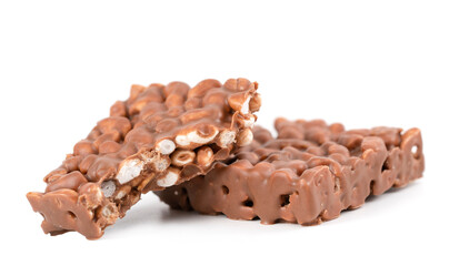 Crunchy chocolate chip cookies on a white background