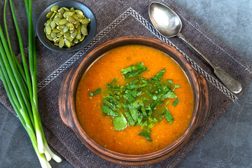 Bowl of pumpkin soup. close up