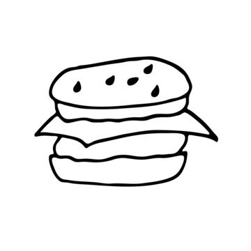 Drawing of a cheeseburger, an illustration in the style of a doodle burger with cutlets. Isolated black-and-white vector image.