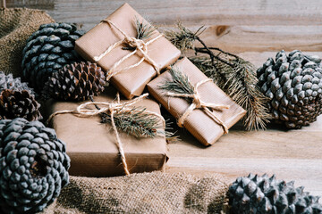 Christmas gift packages wrapped in kraft paper