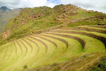 Amazing Agricultural Terraces in Pisac Archaeological Park, Sacred Valley of The Incas, Cusco region, Peru - obrazy, fototapety, plakaty
