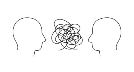 Difficult communication illustration. Isolated lined vector heads with messy cloud doodle.