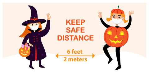 Social distancing COVID19 Halloween banner with cute holiday characters, witch and pumpkin girl in face medical masks. Vector coronavirus protection measures with inscription keep safe distance.