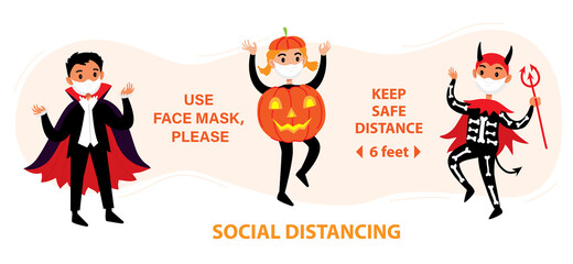 Social distancing infographic banner of COVID 19 with cute Halloween cartoon characters in costumes and protective masks. Vector coronavirus protection measures banner or flyer for social places