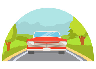 Retro red car front view.Vector flat illustration.Vintage vehicle.Forest road trip.