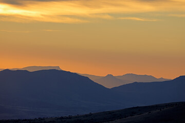 Scenic mountain landscape at sunrise, Mountain Zebra National Park, South Africa.