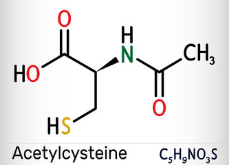 Acetylcysteine, N-acetylcysteine, NAC drug molecule. It is an antioxidant and glutathione inducer. Skeletal chemical formula