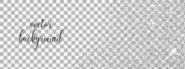 Sparkling falling silver dust on transparent background. Vector horizontal background with glitter and space for text.	