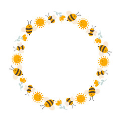 Cute kids honey wreath with sun, flower and bee in flat frame vector scandinavian style. Baby illustation frame with place for text for content, greeting card, graphic