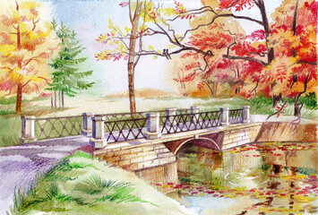 Illustration of  bridge over river in autumn park. Red ,orange, yellow trees, Christmas trees in clearing during  day. Watercolors, colored pencils. Print, postcard.