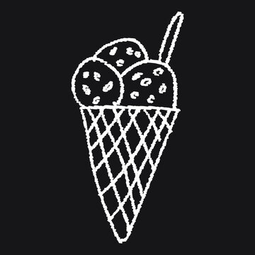 Ice cream cone line Icon design, white chalk. Draw a picture on the blackboard.