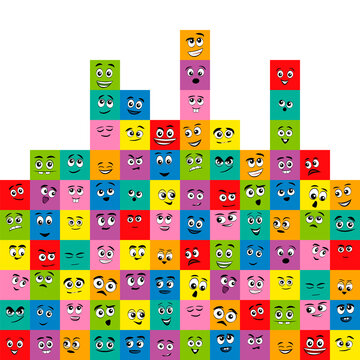 Colored squares with different comic faces - happy, funny, sad, grumpy, scared, friendly, curious. Find the same pairs with same colors and expressions. Puzzle game vector illustration.
