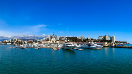 Fototapeta na wymiar Sochi Marine Station and the yacht pier.
