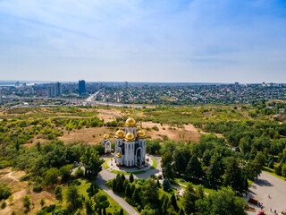 Volgograd, Russia. Aerial view of the statue "The Motherland calls" after restoration on the top of The Mamaev Hill