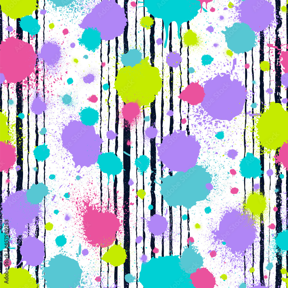 Poster spray seamless pattern. repeating random grunge splatter. color paint backdrop. background splash pr
