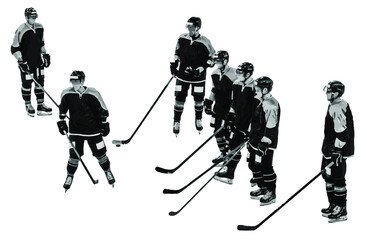 A group of hockey players in uniform stand on skates, hold hockey stick and rest before the match. Team of athletes isolated on white background. Monochrome illustration. Vector.