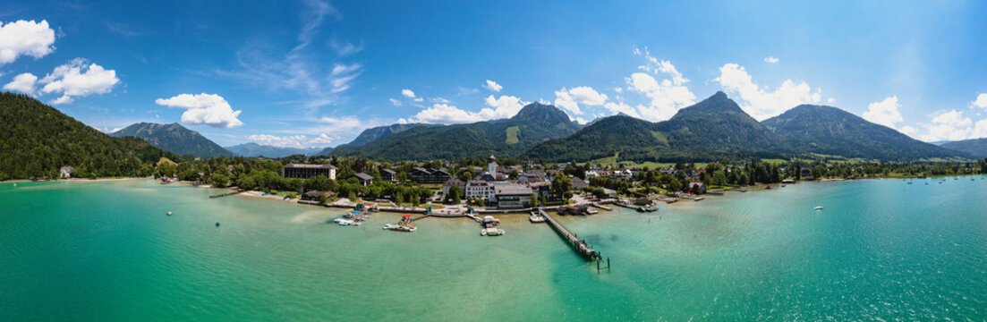 Strobl at the Wolfgangsee Lake in Salzkammergut, Austria. Scenic panorama aerial view to the famous village and touristic travel destination.