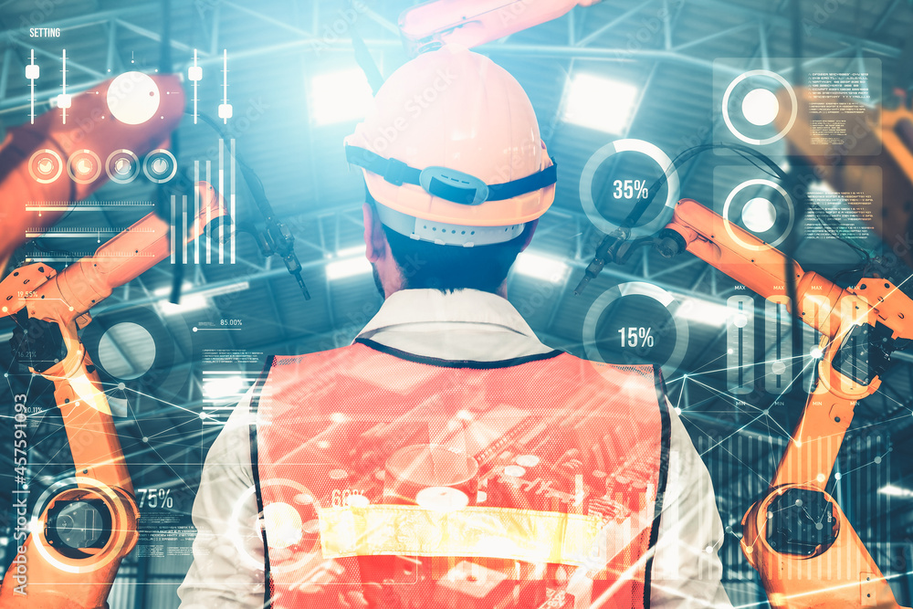 Poster mechanized industry robot arm and factory worker double exposure . concept of robotics technology fo