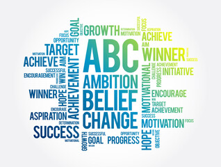 ABC - Ambition Belief Change word cloud, business concept background