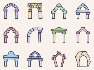 Arches color vector doodle simple icon set