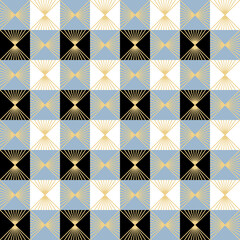 Abstract geometric seamless pattern in ar deco style. Gray, black and white checkered background with golden rays. Square, diamond and linear backdrop for textile or paper design