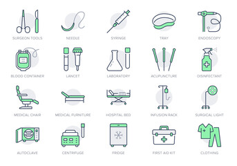 Medical equipment line icons. Vector illustration include icon - blood bag, scalpel, medical furniture, needle, endoscopy outline pictogram for healthcare store. Green color, Editable Stroke - obrazy, fototapety, plakaty