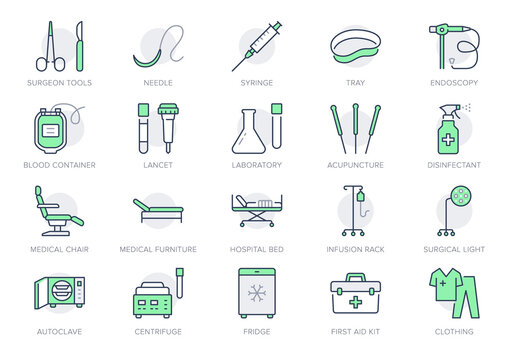 Medical equipment line icons. Vector illustration include icon - blood bag, scalpel, medical furniture, needle, endoscopy outline pictogram for healthcare store. Green color, Editable Stroke