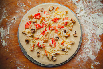 homemade vegetarian raw pizza with mushrooms and bell pepper