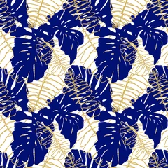 Foto op Plexiglas Donkerblauw naadloos patroon met tropische bladeren