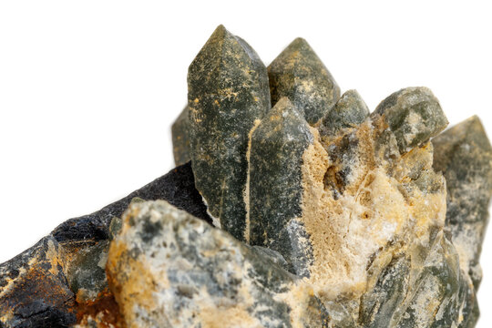 Macro mineral stone Quartz Hedenbergite Prase on ilvite on a white background