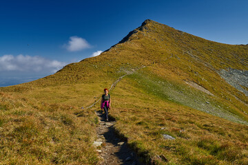 Fototapeta premium Woman hiker with backpack on a trail in the mountains