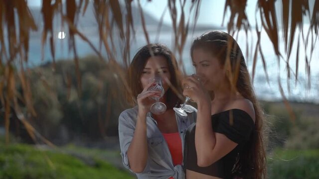 sweet girls drinking wine in cafe at the seaside. Best friends spend summer time together. The girls are happy and enjoy life. The road by car to the sea. Friendship and love forever. The beauty of
