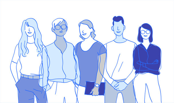 Team di giovani talenti. Gruppo di personaggi colorati maschili e femminili isolati sullo sfondo bianco
