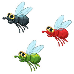 Three colorful flies in a cartoon style. Funny fly isolated on a white background. Vector illustration.