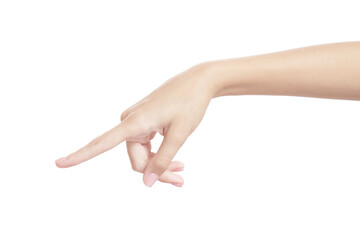 Fototapeta premium beautiful woman hand on white background index finger gesture. isolate