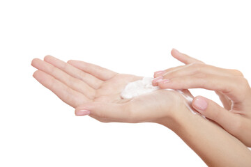 beautiful woman hand on a white background presses on a bottle of spa cleansing foam. isolate