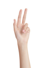 beautiful woman hand on a white background gesture of two fingers up. isolate