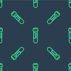 Line Test tube or flask with blood icon isolated seamless pattern on blue background. Laboratory, chemical, scientific glassware sign. Vector