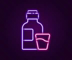 Glowing neon line Bottle of medicine syrup and dose measuring cup solid icon isolated on black background. Colorful outline concept. Vector