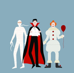 Set of different Halloween party costumes - dracula, mummy, clown. Vector illustration. Friends dressed for Halloween. Different monster costumes have fun.