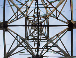 High voltage power line support. Bottom view from the middle.