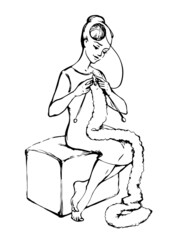 Woman knits a thought scarf. Vector sketch drawing