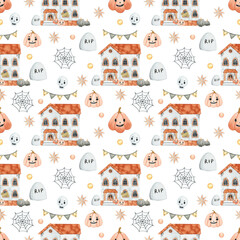 Watercolor cute Halloween houses seamless pattern. Hand drawn cartoon haunted houses background for...