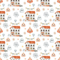 Watercolor cute Halloween houses seamless pattern. Hand drawn cartoon haunted houses background for kids fabric, scrapbooking, wrapping paper and other.