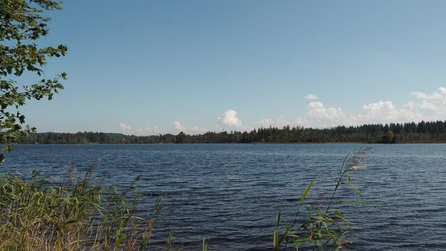 Kirchsee, beautiful lake, blue and dark brown clean warm moor water in the natural environment of Ellbach and Kirchseemoor in Upper Bavaria near Bad-Tolz and Munich