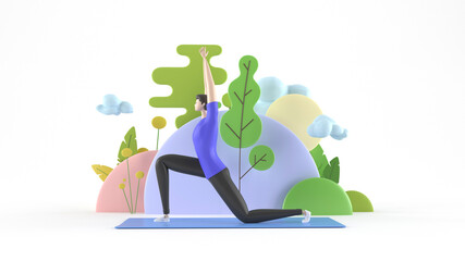 3d illustration. A young, healthy yoga man practitioner standing in asana on a yoga mat, meditating, with a background of trees and abstract figures.  - 457598617