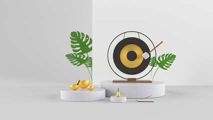 Modern 3d illustration. Set of musical instruments for yoga and meditation on white background. Gong, Tibetan singing bowl, bell, incense, green plants.  - 457598667