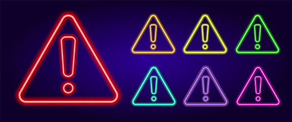 neon exclamation mark in a triangle. A set of attention signs of different colors is an exclamation mark in a triangular shape . isolated multicolored collection of glowing bug icons